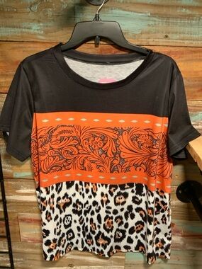 Black & Orange Mixed Print Short Sleeve Top